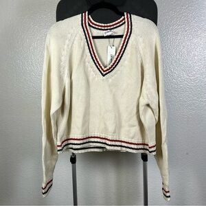 The Drop Women’s Cream V-Neck Sweater with Striped Trim Size XL